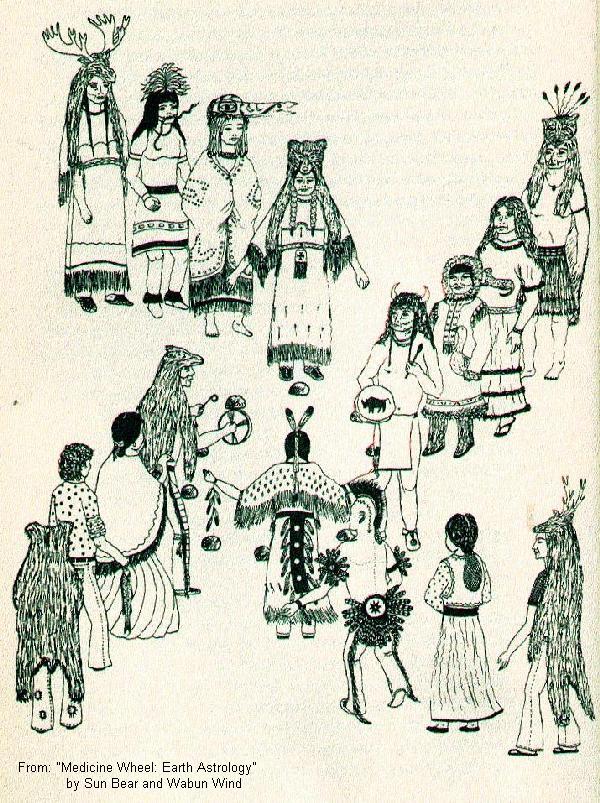 Ink drawing of the People of Sun Bear's Vision from 
Medicine Wheel: Earth Astrology by Sun Bear and 
Wabun Wind - scanned frontpiece pages
